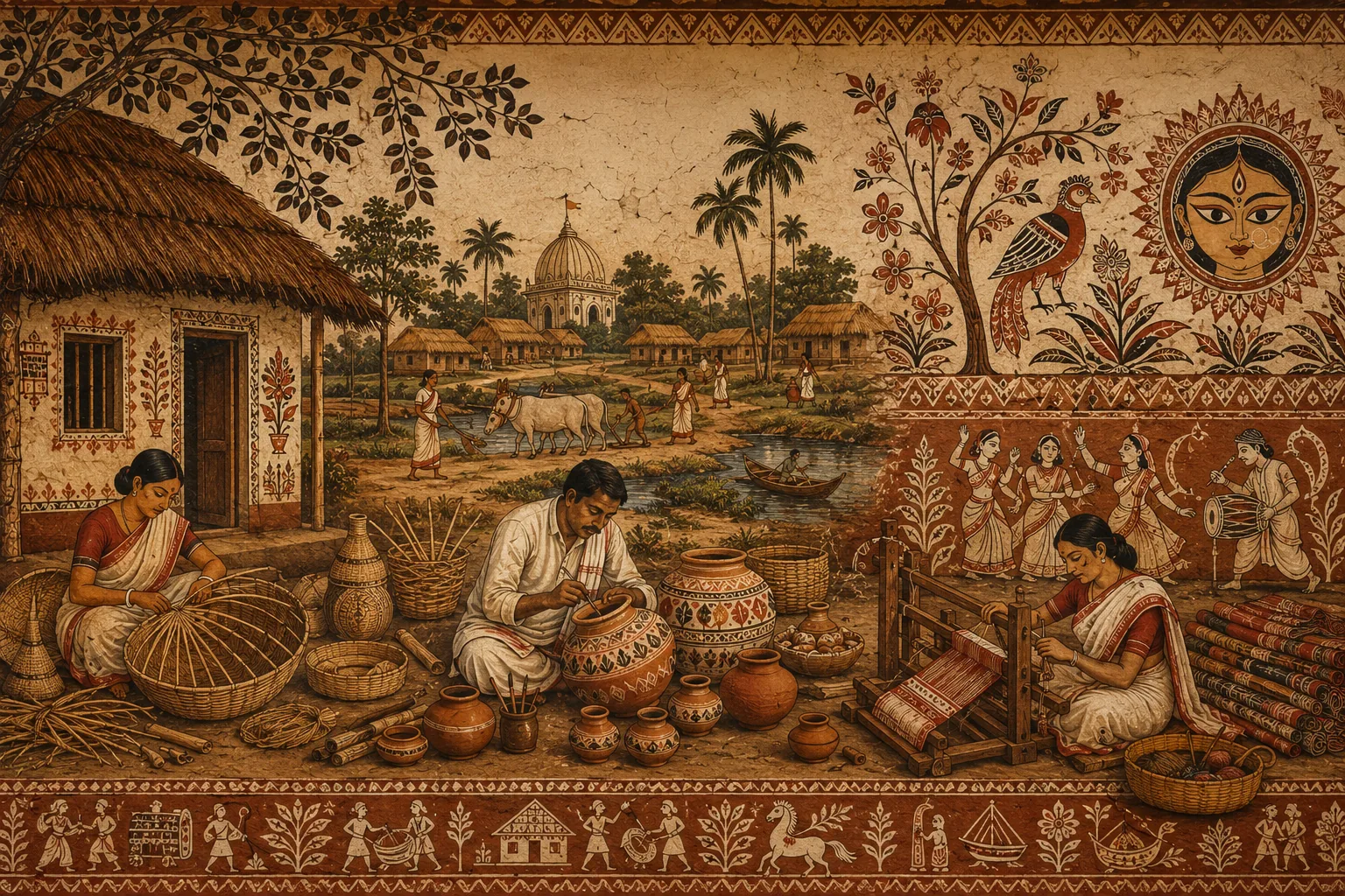 An illustrated village workshop in rural West Bengal, with potters, weavers and painters at work